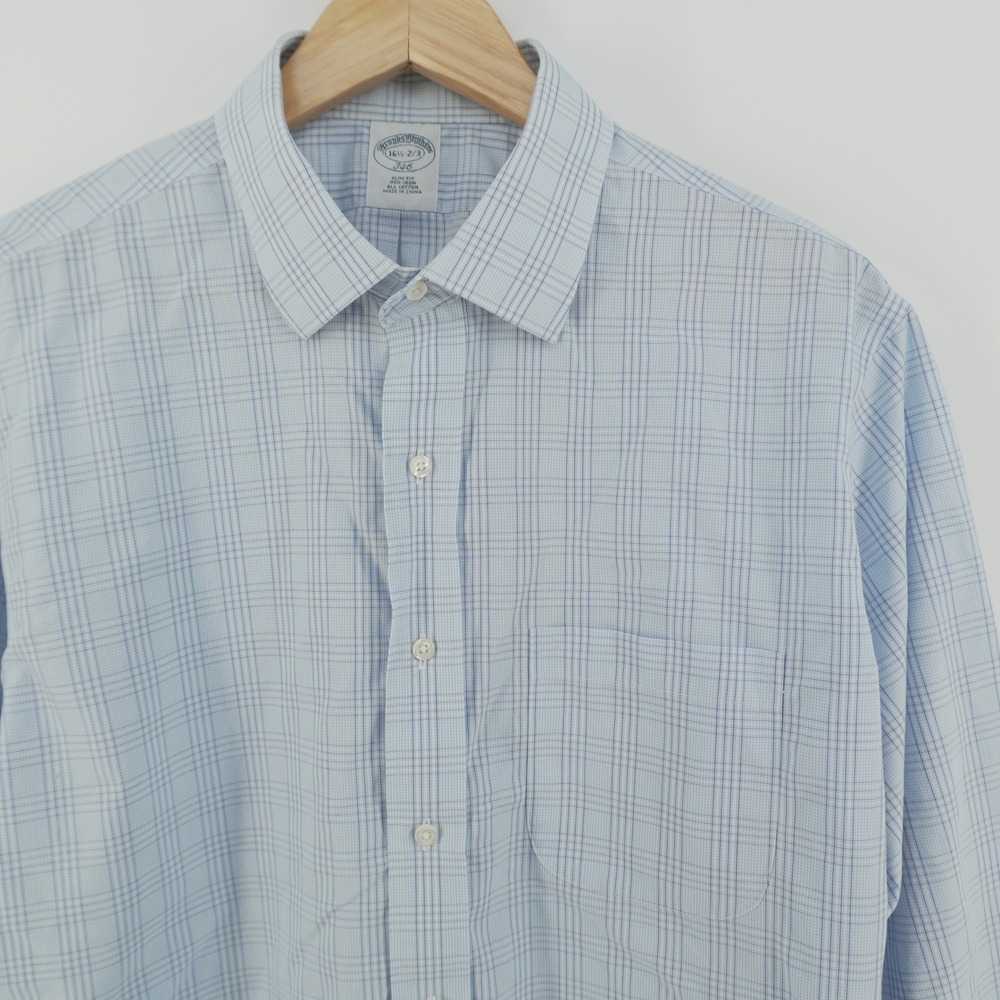 Brooks Brothers 346 Dress Shirt Mens 16.5 32/33 Blue Check Slim Fit Non-Iron